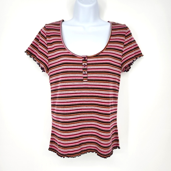 Multi-Colored Stripe Baby‎ Tee Top Size XL Scoop Neck Ribbed Y2K Retro - Picture 1 of 7